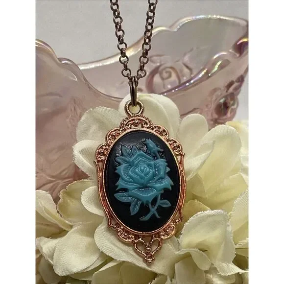 Black teal Turquoise Necklace Easter Mom Cameo Mom Rose Gold wedding Jewelry - Picture 6 of 13